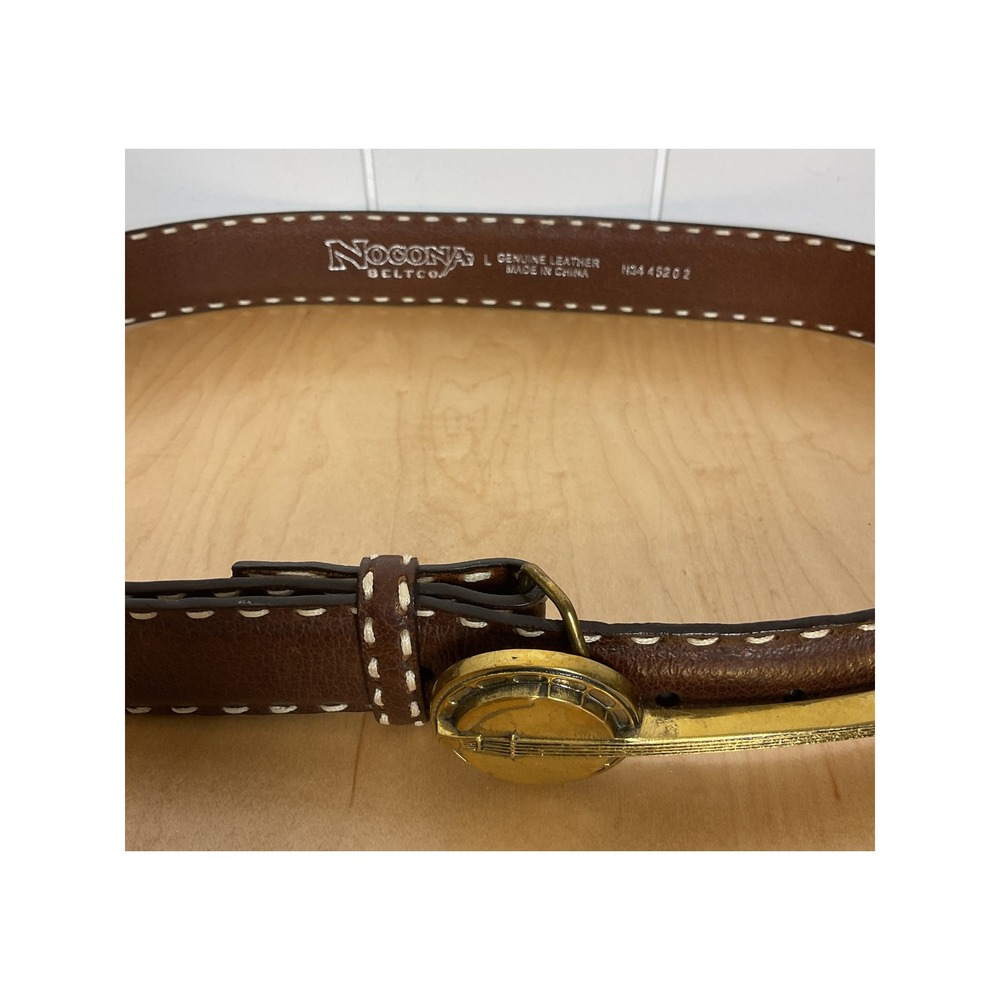 VTG Baron Buckle Brass Banjo 1978 Nocona Brown Leather White Trim 1 1/2" Wide LG - Picture 4 of 6
